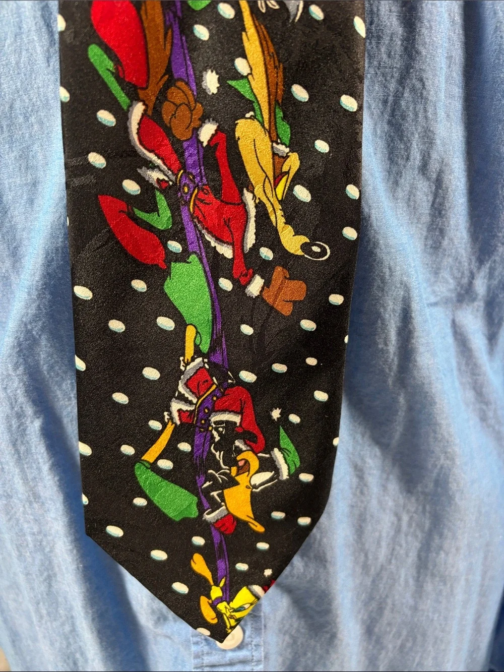 VTG Looney Tunes Christmas Novelty Tie Black with Cartoon Characters 90’s